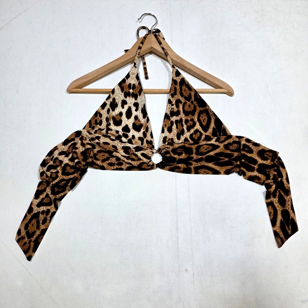 ROMWE Halter Top Womens Medium Brown Leopard Print Ring Detail Wrap Crop Top